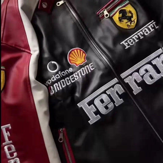 F1 Inspired Maroon and Black Leather Jacket (Embroidered)