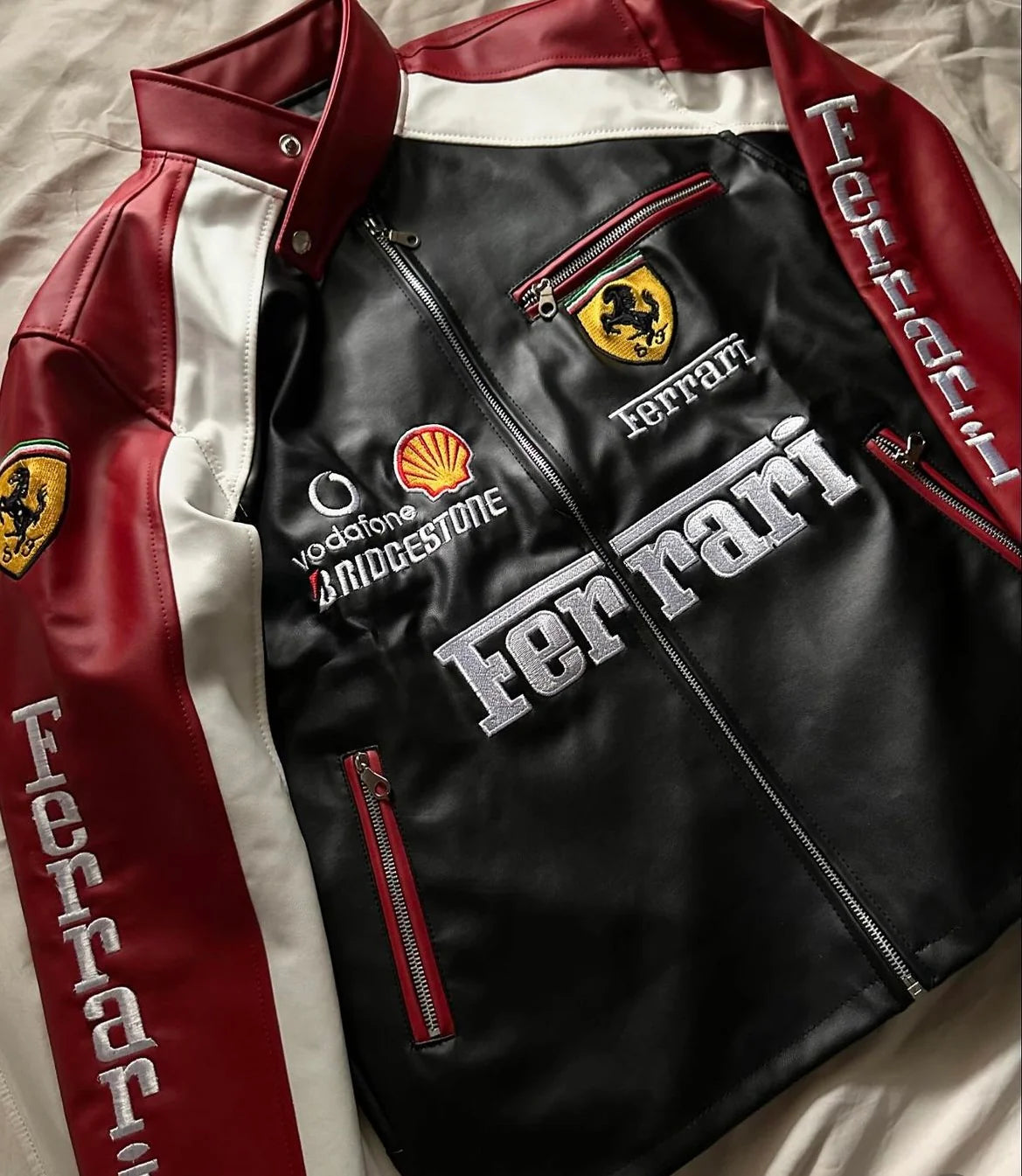 F1 Inspired Maroon and Black Leather Jacket (Embroidered)