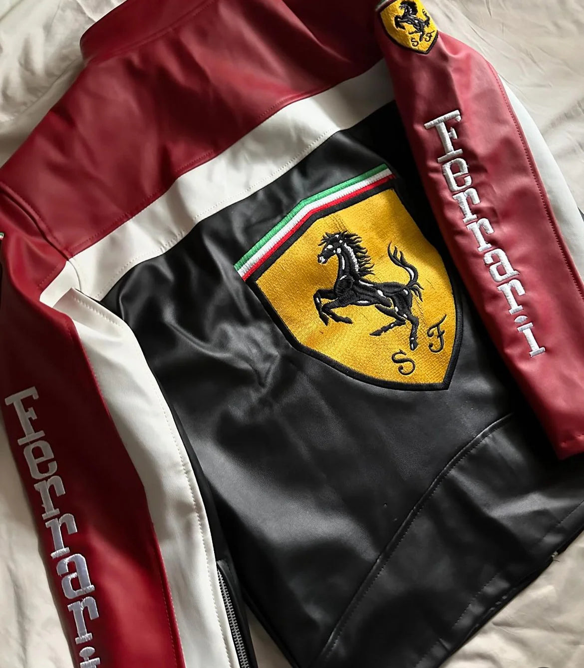 F1 Inspired Maroon and Black Leather Jacket (Embroidered)
