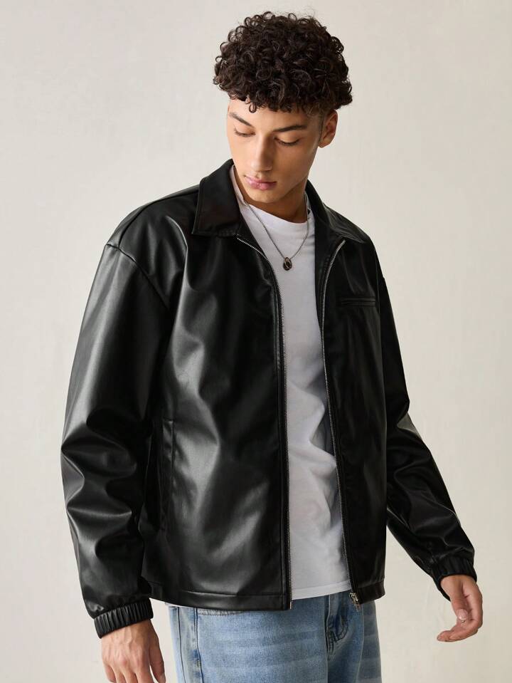 Men’s Cropped Leather Bomber Jacket – Waist-Length Minimalist Design