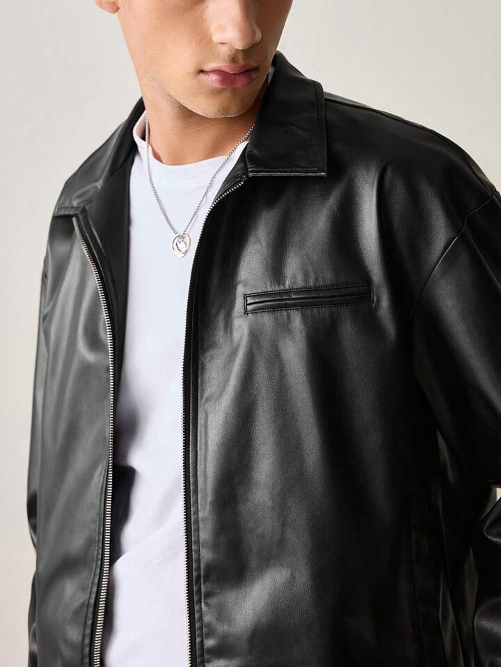 Men’s Cropped Leather Bomber Jacket – Waist-Length Minimalist Design