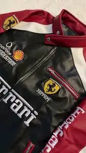 F1 Inspired Maroon and Black Leather Jacket (Embroidered)